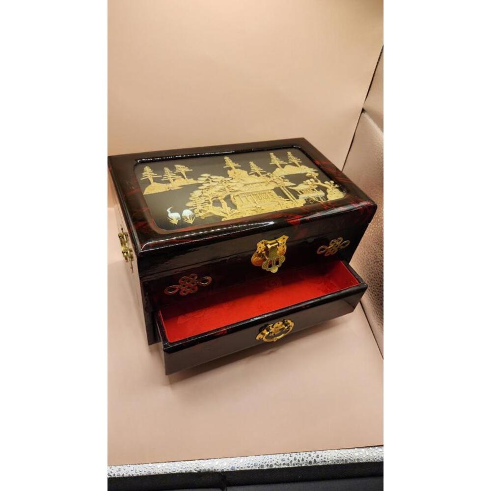 Big Chinese Lacquer Wood Carved Cork Tree King Palace Pagoda Cabinet Chest Box